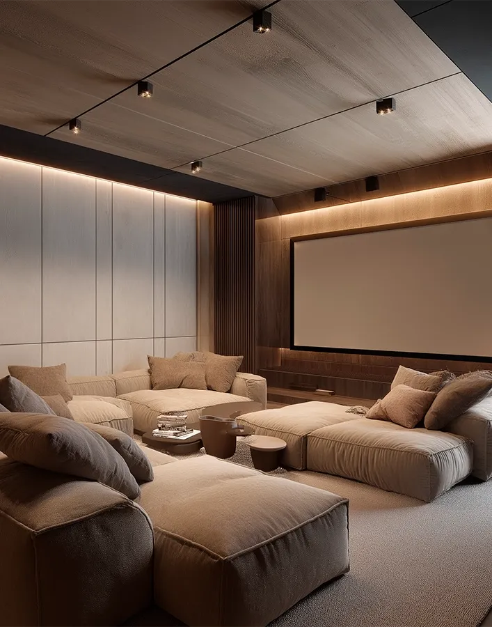 Warm cinema room with leather sofas and sculptural wall lighting